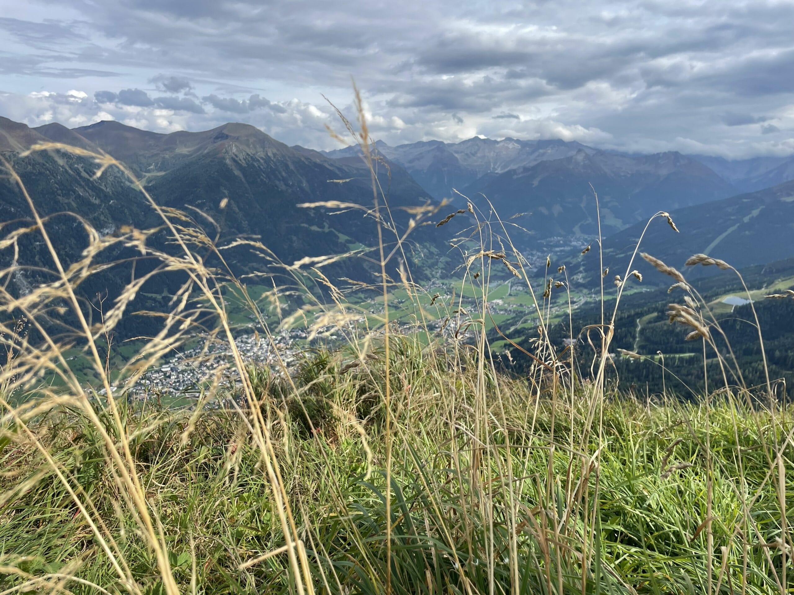 Blick über hohes Gras auf ein Tal mit Ortschaft, umgeben von bewaldeten Bergen und Gipfeln unter dichter Wolkendecke.